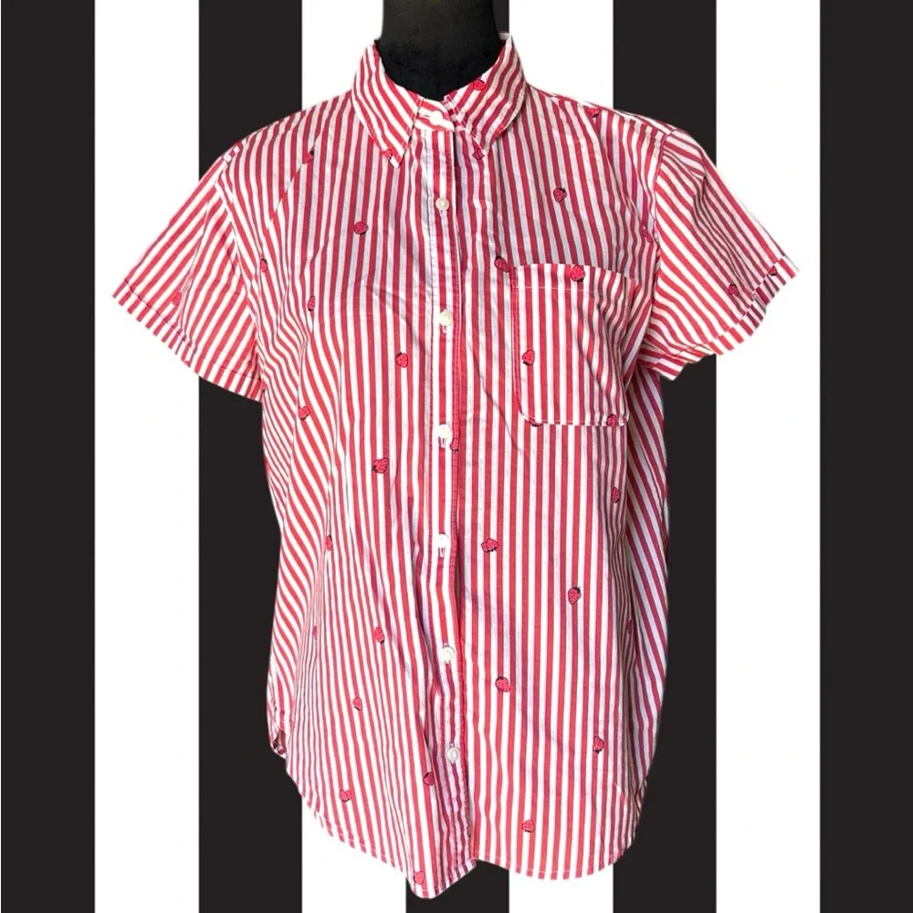 St. John’s Bay Strawberry Striped Button-Up Fruit Top Women’s M Cotton 90s Retro - Picture 3 of 9